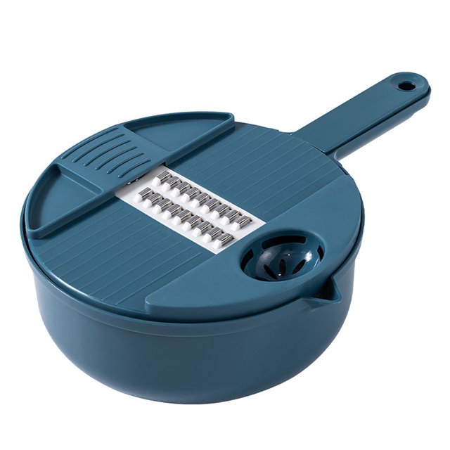 EGNMCR Vegetable Slicers Cutter - Cheese Grater Multi-function Vegetable 12 Piece Set in deep blue, designed for efficient food preparation. Features a circular base with handle, replaceable stainless steel blades for slicing, grating, and shredding vegetables. Made of food-grade WHEA straw materials with integrated drainage and filter holes for easy cleaning. A versatile kitchen gadget ideal for garnishes, chips, rings, and pizza toppings.