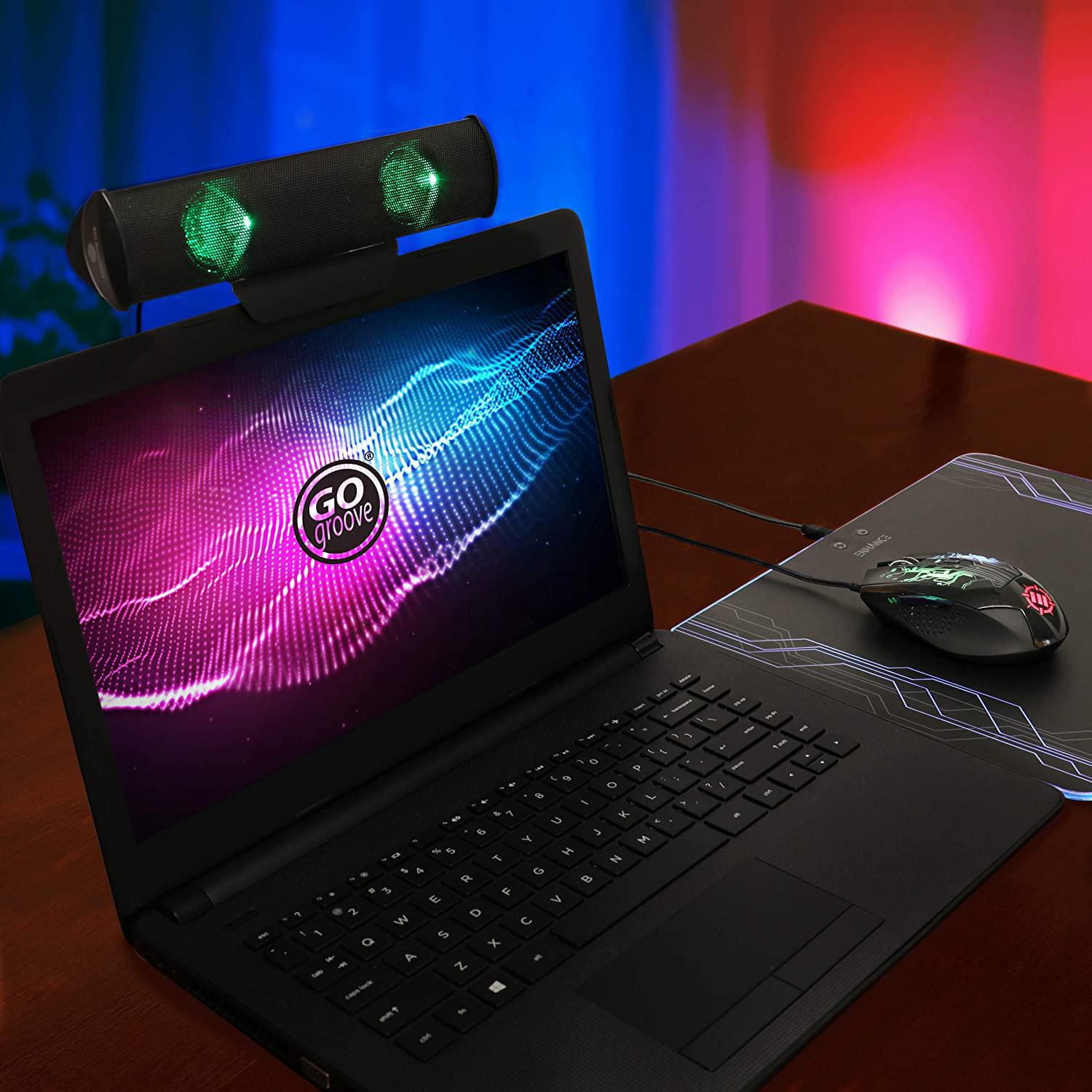 GOgroove SonaVERSE Haut-parleur LED pour ordinateur portable – Barre de son à clipser alimentée par USB avec mini haut-parleur externe portable pour moniteur, interrupteur arrière pour alimentation, e