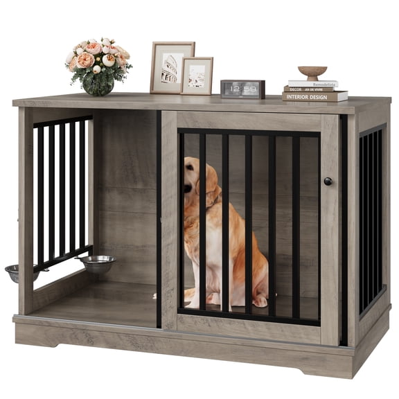 Homfa Meuble Cage pour Chien, Table Cage Intérieure en Bois de 47,2 Pieds' L pour Chien avec Portes Coulissantes et Verrouillables, Gris