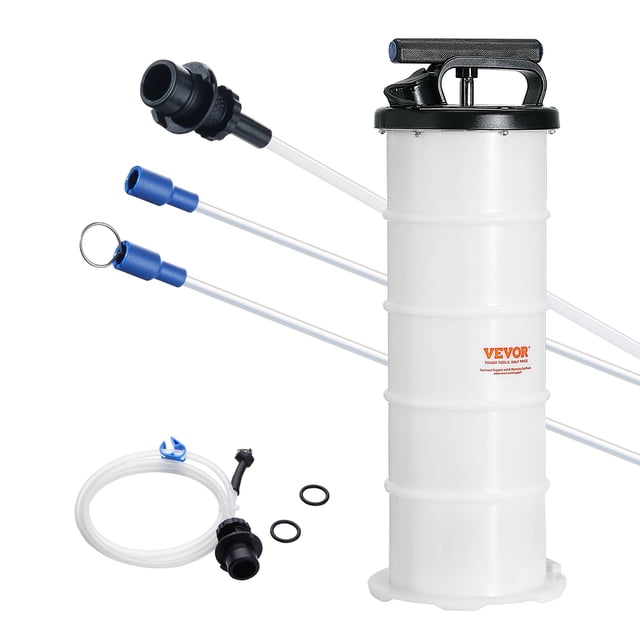 VEVOR Fluid Extractor with a 1.74-gallon (6.5-liter) capacity, featuring a manual hand-operated design for oil and fluid extraction. The white and black extractor includes a pull rod, a main tube, a dipstick, two extension tubes, a liquid suction hose, and two sealing rings. Designed for automotive fluid evacuation, it is suitable for extracting engine oil, gear oil, power steering fluid, and brake fluid. The image shows the extractor with its accessories, including hoses and sealing rings, against a white background.