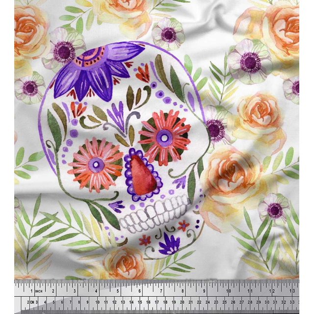 Soimoi Poly Georgette Fabric Skull,Rose & Anemone Flower Printed Fabric 1 Yard 52 Inch Wide