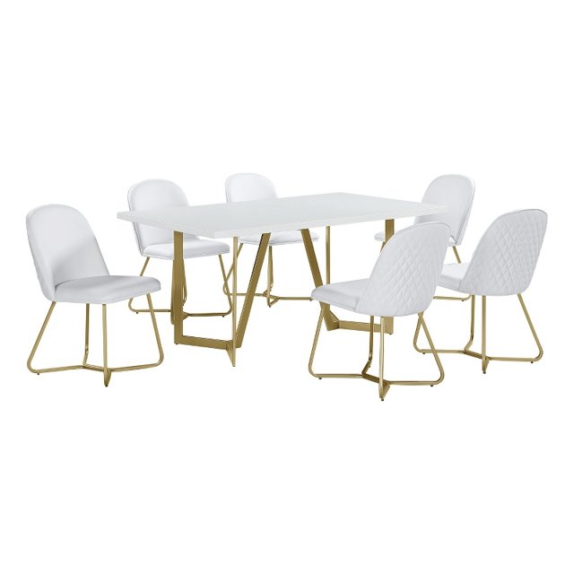 7pc White Wood Top Dining Set with White Faux Leather Chairs and Gold Base