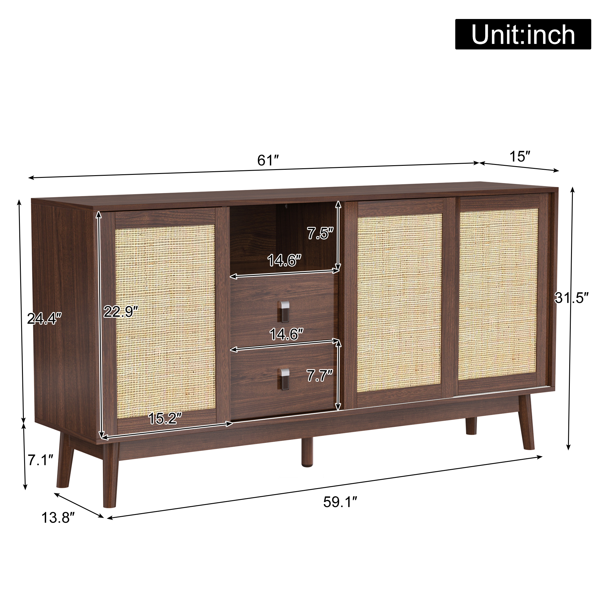 Noble House Buffet 61 Pouces avec Portes Coulissantes en Rotin Véritable et 2 Tiroirs, Armoire de Rangement Respirante et Robuste, Bois de Noyer
