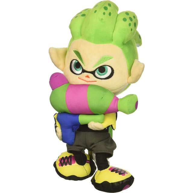 Splatoon 2 Series Inkling Boy Neon Green Plush Toy, a 10-inch stuffed animal featuring vibrant green hair, pointed ears, and a colorful ink weapon. The toy is dressed in dark pants and yellow shoes with pink accents, inspired by the Nintendo game Splatoon. Ideal for collectors and fans of plush dolls.