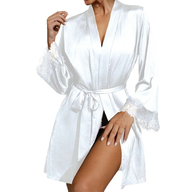 Timegard Robe de Nuit pour Femmes à Manches Longues Portefeuille Col en V en Dentelle Chemises de Nuit Taille Ceinturée Décontractée Douce Mini Pyjama