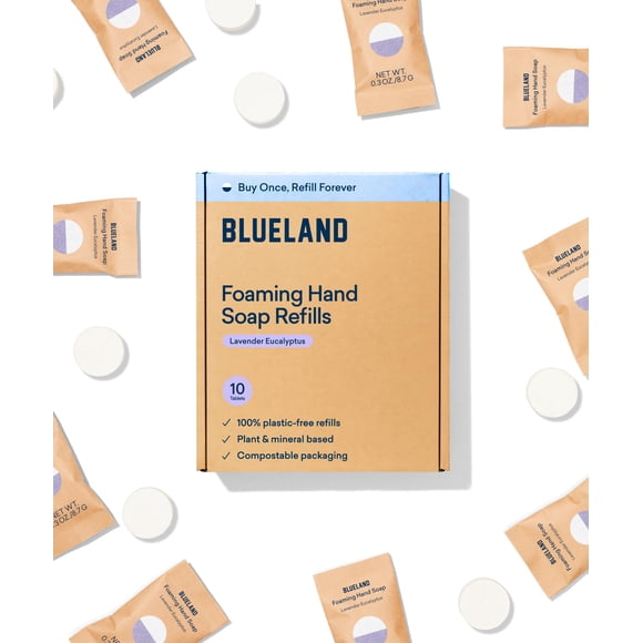 BLUELAND Foaming Hand Soap Refills - 10 Pack Tablets Lavender Eucalyptus Scent Eco Friendly Hand Soap and Cleaning Products - Makes 10 x 9 Fl oz bottles (90 Fl oz total)