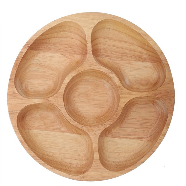 LYUMO Wood Divided Plate,Wooden Round Shape Food Divided Plate Dessert Snack Sub-grid Dish Tableware Tray, Round Divided Plate