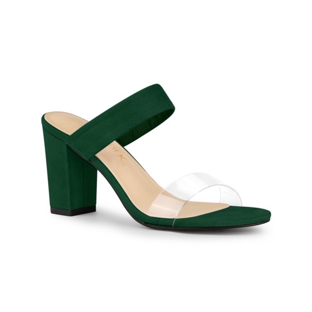 BLISSFUL STEP Women's Dual Clear Strap Chunky Heel Mules Slides Sandals Green 9