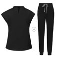 thumbnail image 4 of Ensemble de Sarraus pour Femmes, Haut de Sarrau Extensible à Col Montant et Pantalon Jogger à Cordon avec Multiples Poches, Anti-Froissement, Uniforme de Travail Infirmier, Col Montant, Uniforme Confortable, Noir, 4 of 5