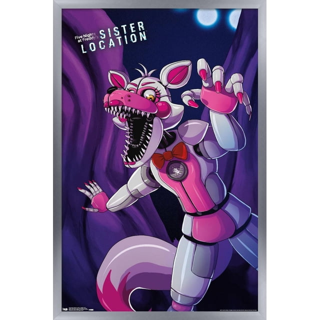 Five Nights at Freddy's : Sister Location - Funtime Foxy Affiche Murale, 14,725 Po x 22,375 Po Encadrée, Représentant un Personnage de Renard Robotique Orienté vers l'Avant avec un Corps Segmenté Rose et Blanc, des Dents Tranchantes, un Nœud Papillon Rouge et des Griffes Allongées. Cette Affiche Encadrée Présente une Finition Satinée de Qualité Supérieure et un design Moderne, Convient comme art Mural et Déco de Pièce pour Chambres, Bureaux Ou Dortoirs.