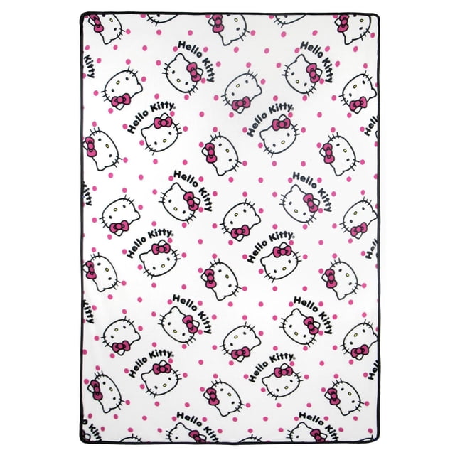 Hello Kitty Flip Flop Blanket made of soft micro raschel fabric with a white background featuring an all-over pattern of Hello Kitty faces with pink bows and pink polka dots, black edging, measuring 62 by 90 inches, suitable for kids' bedding, naps, and travel.