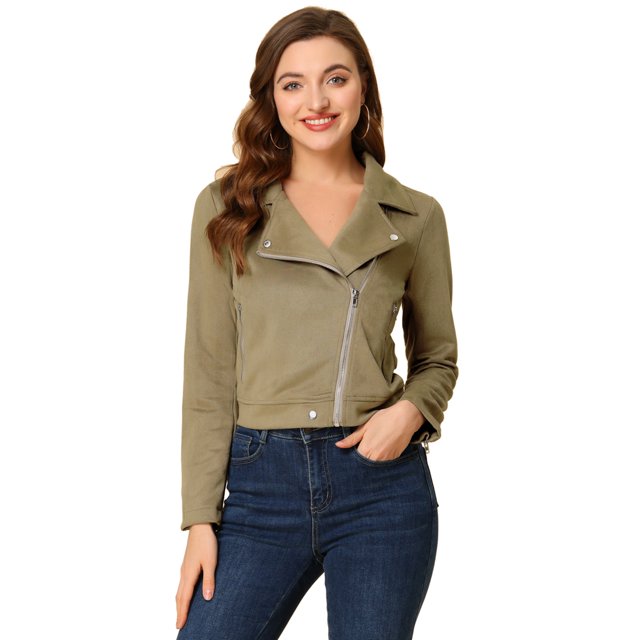 INSPIRE CHIC Women Short Soft Zip Up Faux Suede Biker Moto Jacket