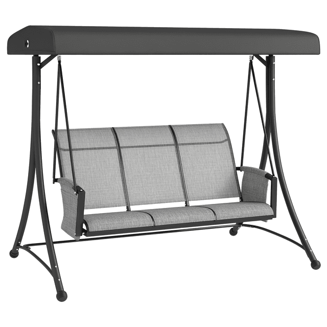 Outsunny Chaise Porch Swing d'Extérieur pour 3 Personnes avec Auvent Ajustable en Gris Mixte. Dotée d'Un Cadre Robuste en Acier et Aluminium Pouvant Supporter jusqu'à 660 Lb, Trois Sièges en Maille Ventilés pour le Confort et un Nettoyage Facile, et d'Un Auvent Ajustable pour une Ombrage optimal. Comprend des Patins Antidérapants et Deux Pochettes de Rangement pour Magazines. Convient aux porches, patios, Jardins et Zones au Bord de la Piscine. Dimensions : 77,25 Pouces de long, 50,5 Pouces de Large et 67,75 Pouces