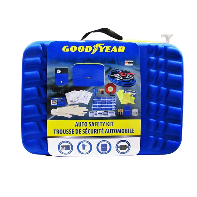 Goodyear Trousse de Sécurité Auto avec Étui de Transport en EVA Bleu durable à surface Texturée. la Trousse Comprend un Gonfleur de Pneus 12V, des Câbles de Survoltage Intelligents 12 Pieds 8g, une Banque d'Alimentation d'Urgence 800mAh, un Stroboscope de Sécurité OctoLight, des Piles Duracell, une Couverture mylar d'Urgence, un poncho, des Gants Tricotés, un Ruban Adhésif pour Conduits, une Trousse de Premiers Soins, un Perforateur de Fenêtre et une Carte de Référence à code QR. Conçue pour la Sécurité Routière