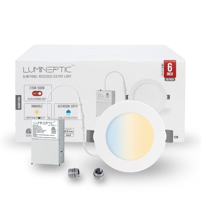 LUMINEPTIC 6 Inch 50 Pack 5CCT Dimmable Slim Recessed LED Pot Lights, Selectable Colors, Bathroom & Damp Locations