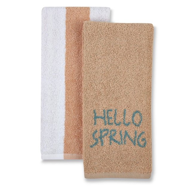 Lot de 2 Celebrate! Serviettes à Main de Pâques Incluant une Serviette beige Brodée avec Texte teal « Hello SPRING » et une Serviette Blanche à Rayures Verticales beige, Faites de 100 % Coton et Format 15 x 25 Pouces, Convenant à la Salle de Bain et à la Décoration Saisonnière.