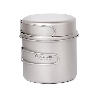 Amdohai Batterie de Cuisine en Titane Ultralégère pour Camping en Plein Air, Ensemble de Batterie de Cuisine 1100 ml Casserole et Poêle à Frire 350 ml avec Poignées Pliantes