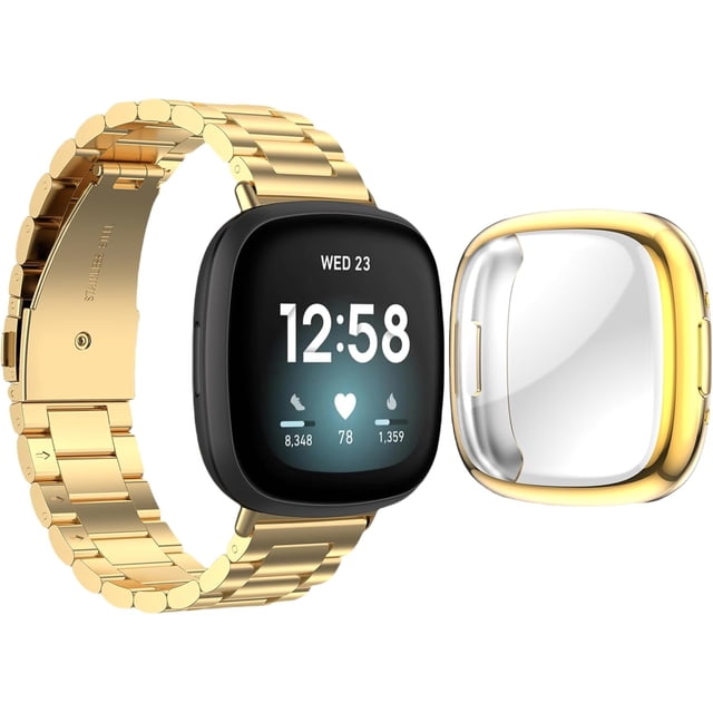 REQO Compatible with Fitbit Versa 4 / Sense 2 Bands, Stainless Steel Watch Band with TPU Case Breathable Protective Design for Men Women