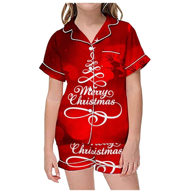 FAOWME Vêtements d'Intérieur d'Été pour Enfants Garçons Filles T-Shirt à Manches Courtes Imprimé Col Rond Pantalons Courts Pyjamas Ensembles Nourrissons Rouge 10-11 Ans