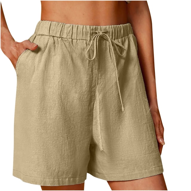 Mrat Cotton Linen Shorts for Woman Drawstring Elastic Waist Shorts Comfy Shorts 5 Inch Inseam Beach Short with Pockets S-36 Khaki m