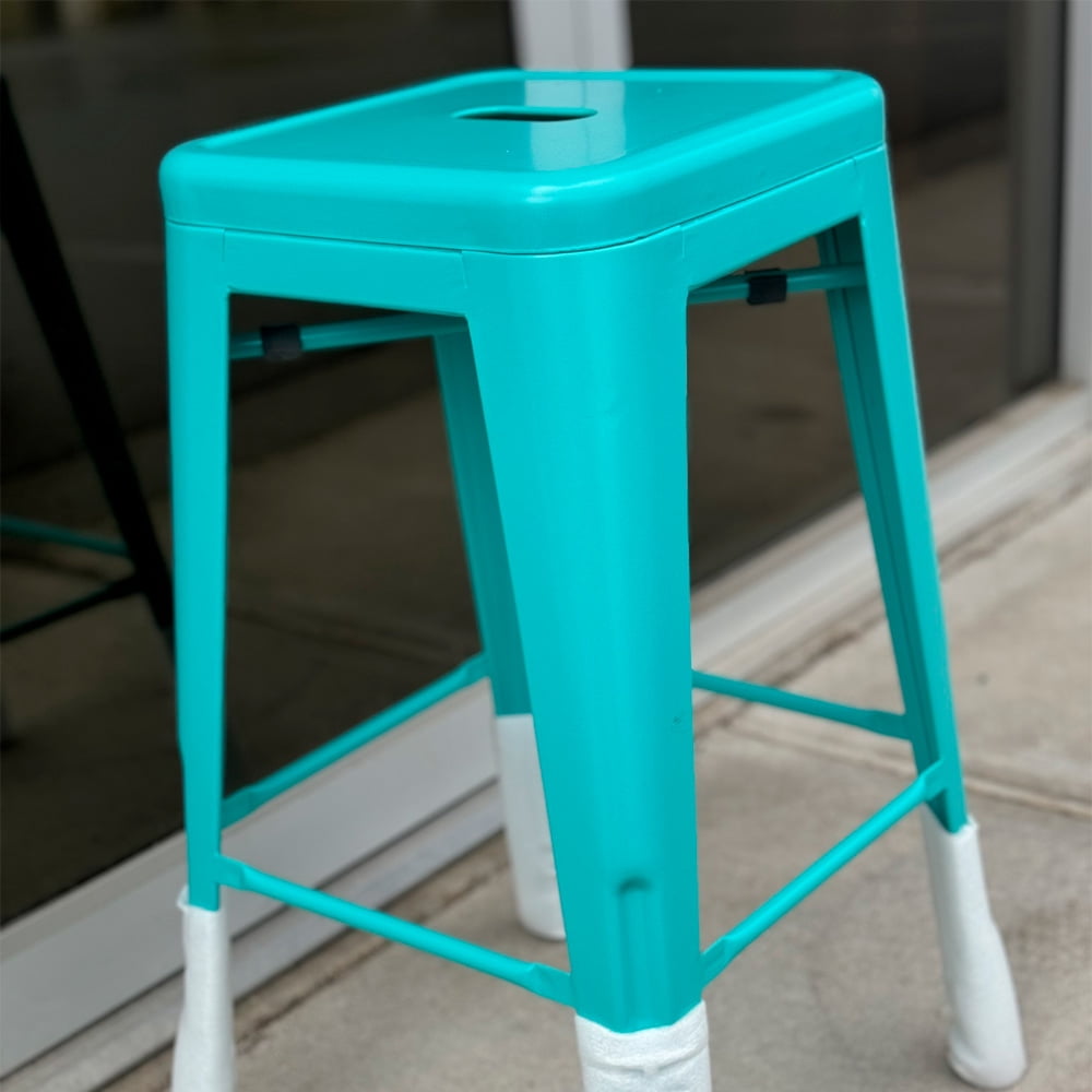 Heavenly Collection Industrial Turquoise Metal Counter Stools Set of 3 - Tolix-Style Backless Barstools with Wooden Seat Option - Ideal for Kitchen Islands & Patios