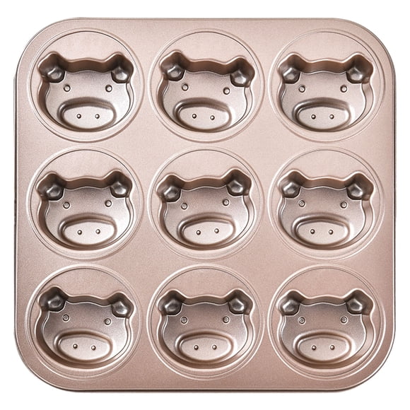 Metal Moulds Pan For Baking Standard 9 Cup Nonstick Cupcake With Handle Egg Little Rabbit Footprints Pig Shaped Cake, 10.6 inch, Brown A