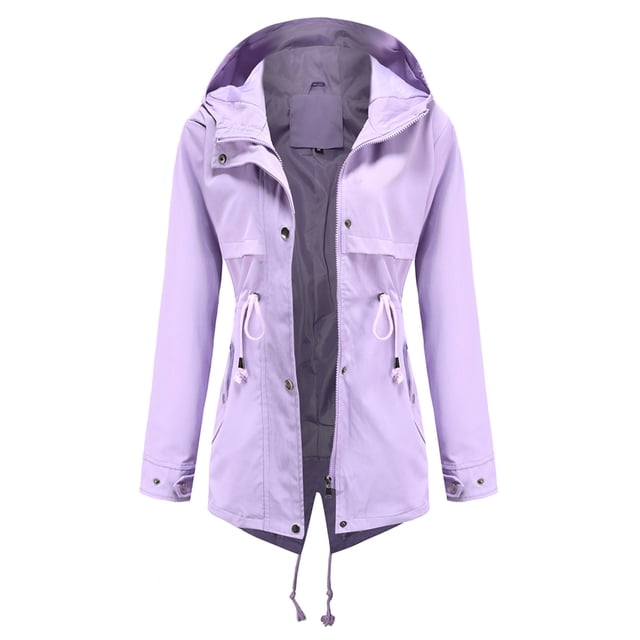 Lolmot Women Solid Rain Jacket Outdoor Jackets Waterproof Hooded Raincoat Windproof