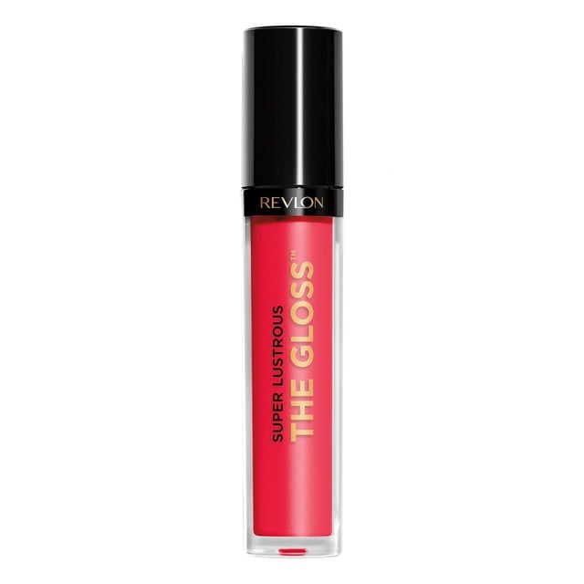 Revlon Super Lustrous™ The Gloss lip gloss in a clear tube with bright red colour and black cap, featuring gold and black branding text. This lightweight, shiny lip gloss provides hydration and moisturizing benefits for lips in makeup lip care.