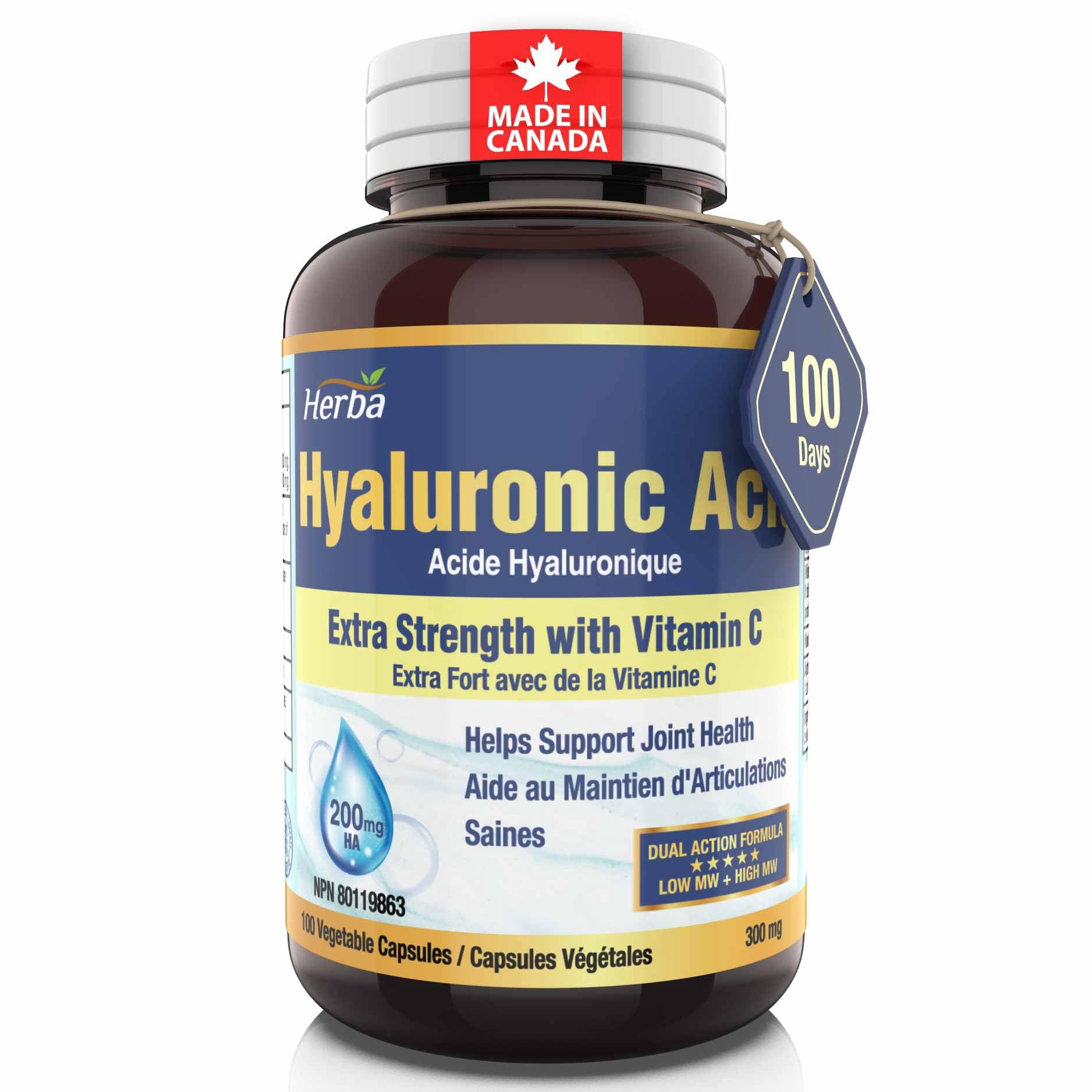 Herba Hyaluronic Acid Supplement 300mg - 100 Vegetable Capsules | Hyaluronic Acid Capsules with Vitamin C to Support Joint and Bone Health | Made in Canada