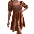 thumbnail image 2 of EGNMCR Robes de Vacances pour Femmes Robe Unie Printemps et Été Manches Courtes Ceinture Taille Manches à Volants Col Carré, 2 of 6