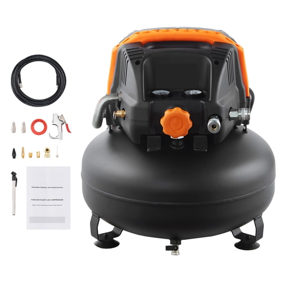 KFFKFF 6 Gallon Air Compressor, 1.7HP 2.3CFM@90PSI Portable Pancake Air Compressor & 150PSI Max Pressure, 12-Piece Accessory Kit with 50FT Air Hose for Tire Inflation, Spray Painting