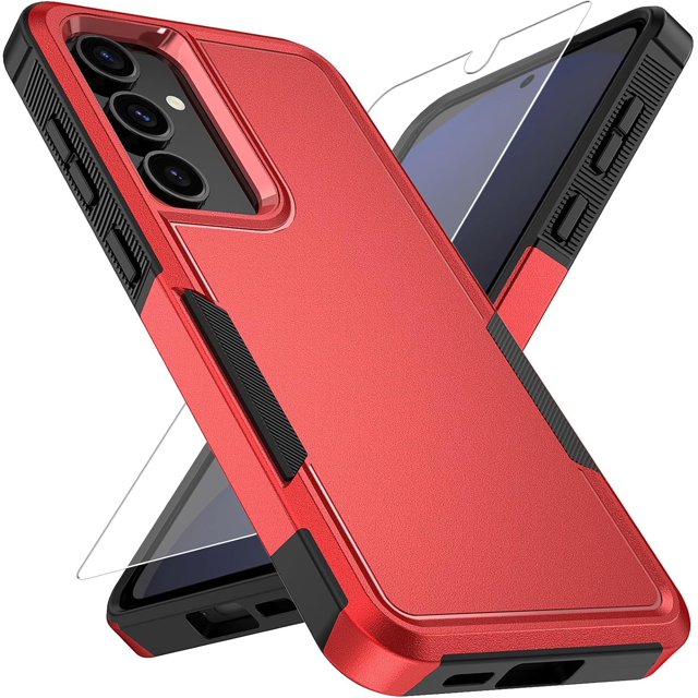 KOMI for Samsung Galaxy S25 Case with HD Screen Protector, 10 FT Military Grade Drop Protection, Anti-Slip Phone Case, Red