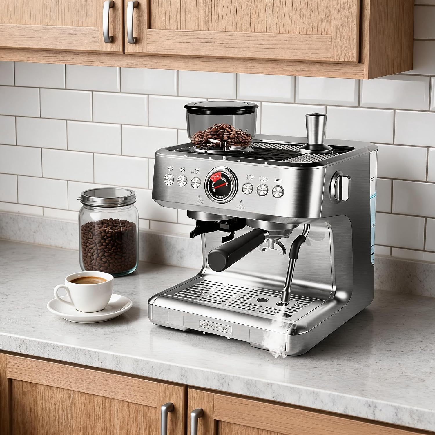 20 Bar Semi-Automatic Espresso Machine with Built-In Coffee Grinder & Milk Frother, PID Temperature Control, 95Oz Removable Water Tank, 6 One-Touch Drink Presets for Latte, Cappuccino & Macchiato