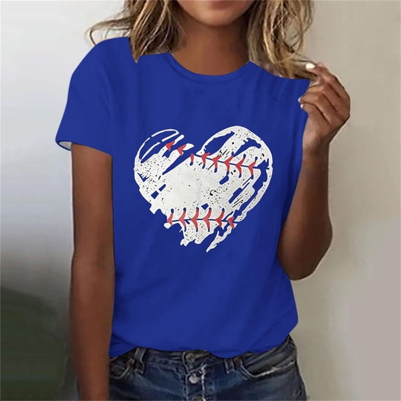 Meichang Chandails de Baseball Femmes T-Shirts Graphiques Cœur de Baseball Chandails Manches Courtes Hauts Col Rond Décontracté Coupe Ample T-Shirts Mode d'Été Maman T-Shirts Bleu TTG