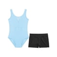 thumbnail image 3 of Moggemol Kids Girls Sheer Mesh Patchwork V-Back Dance Unitards Solid Color Sleeveless Bodysuit with Botty Shorts Set Light Blue 16, 3 of 7