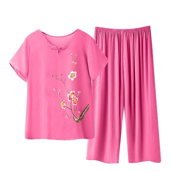Women Plus Size Pajamas Two Piece Linen Sleepwear Set Short Sleeve Floral Wide Leg Pants Loose Vintage Pjs Pajama Sets Hot Pink, 4XL