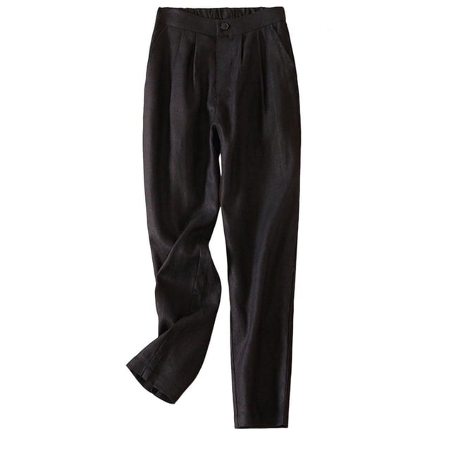 Timegard Cotton Linen Pants for Women, elastic high-waisted casual trousers with button closure, ruched detailing, and functional pockets. Made from a breathable polyester-spandex blend, these pants offer comfort and flexibility. Shown in a dark color, they are perfect for women's bottoms, casual outings, or lounging.