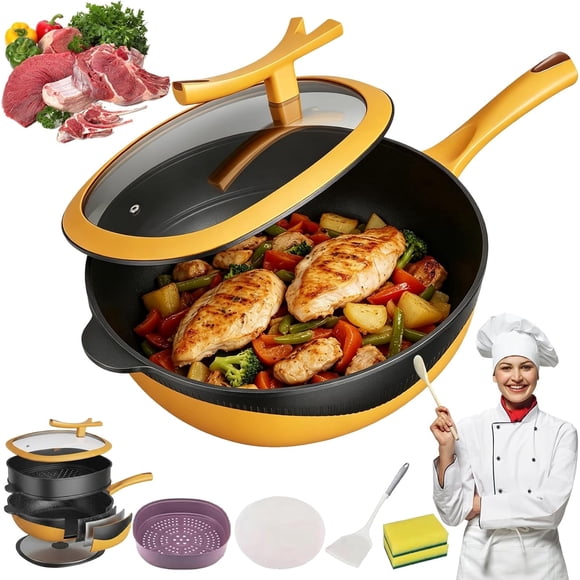 12 Inch Titanium Alloy Non Stick Pot with Lid with Steamer, Titanium Frying Pan & Steamer Set with Ergonomic Stay-Cool Handle, Deep Saute Pan with Ceramic Coating, Induction & Gas Compatible (B)