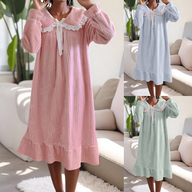Yuyuzo Robes de Pyjama pour Femmes Peignoirs en Flanelle Polaire Duveteux à Manches Longues Robe de Chambre Col Mignon Chaud Long Peignoir