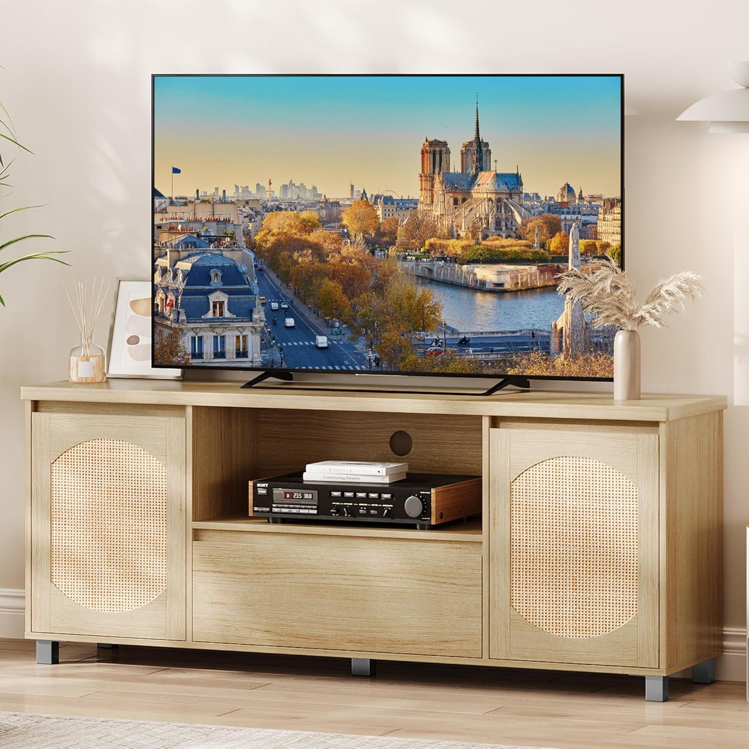 Rattan TV Stand for 65 in TV, Entertainment Center with Storage Drawer and Open Shelf, Boho TV Media Console Cabinet Furniture for Living Room, Bedroom, Natural Oak
