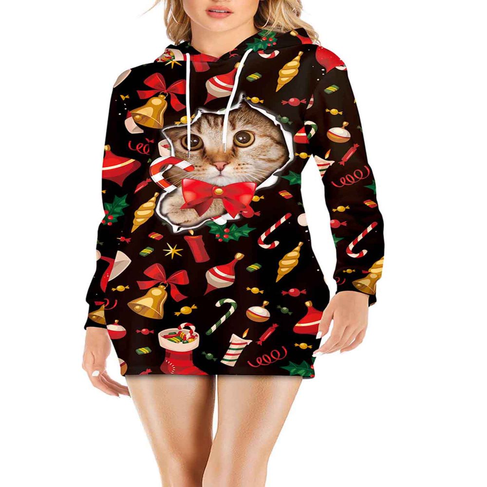 Women Christmas Hooded Dress 3D Cat Printing Long Sleeve One-piece