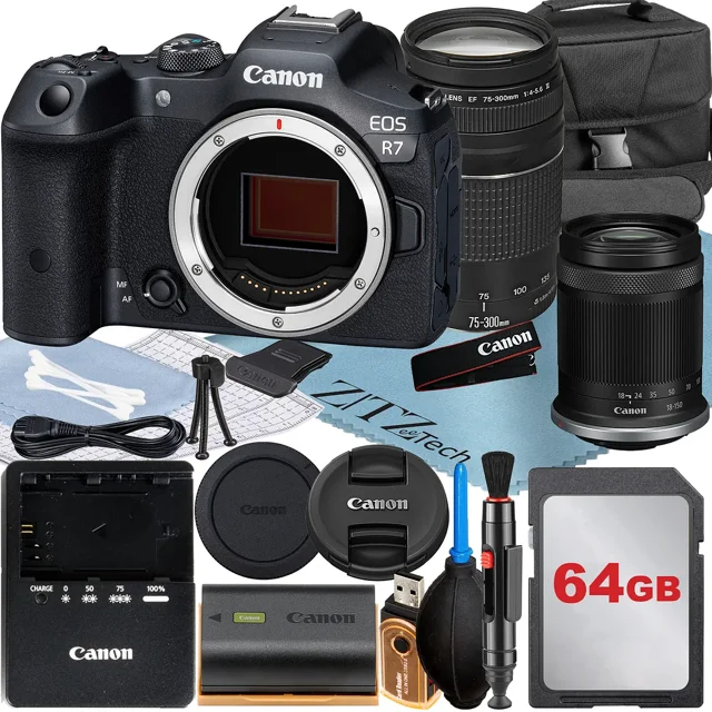 Canon EOS R7 Mirrorless Camera with 18-150mm + 75-300mm Lens + 64GB Memory Card + Case + ZeeTech Accessory Bundle