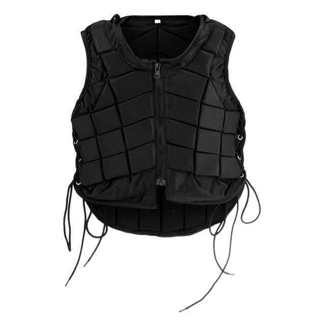 Braveheart Equestrian Vest Lengthened Filler Good Elasticity Lightweight Safety Horse Riding Body Protector Waistcoat with Zipper in black, size XXL. Made of breathable cotton with shock-absorbing padding for impact reduction. Features a front zipper, lace-up side adjustments, and elastically designed pads for mobility and airflow. The lengthened filler provides added tailbone protection.
