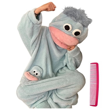 Faraee Silly Onesie with Comb Frog Pajamas for Adults Plush Fleece Hooded One Piece Dress up Womens Mens Funny Cozy Loungewear Silver XL