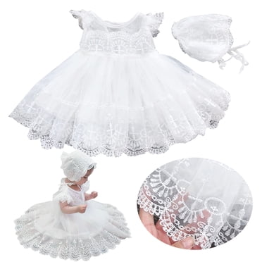 Baby Girls Baptism Gown Lace Crochet Christening Dress with O Neck Ruffled Sleeve Design