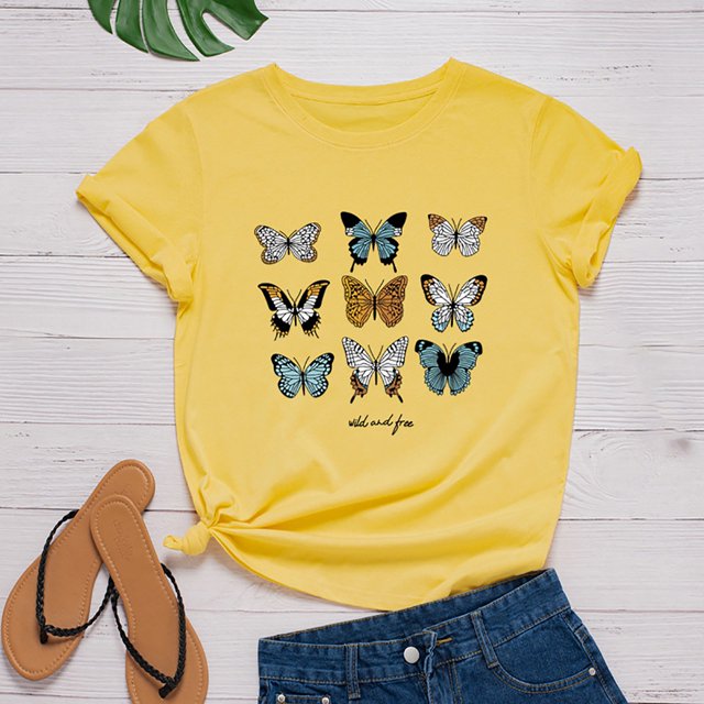 SMihono Hauts pour Femmes Été Décontracté Mode Féminine Décontracté Ample Imprimé Papillon Col Rond T-Shirt Grande Taille