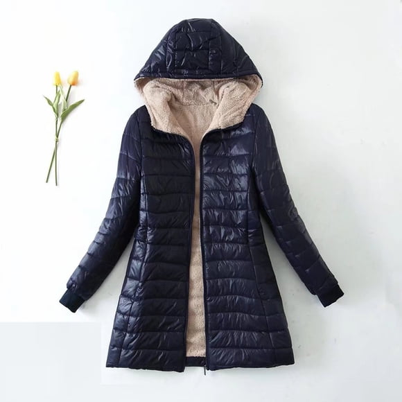 EQWLJWE Womens Puffer Hooded Fleece Lined Jacket Long Puffer Jacket Plus Size Down Coat Cotton Cover Coat Lightweight Down Coat with Hood Winter Jacket