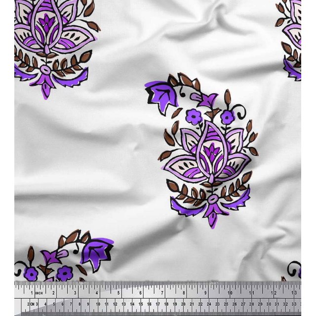 Soimoi Polyester Crepe Fabric Leaves & Floral Block Decor Fabric Printed Yard 42 Inch Wide