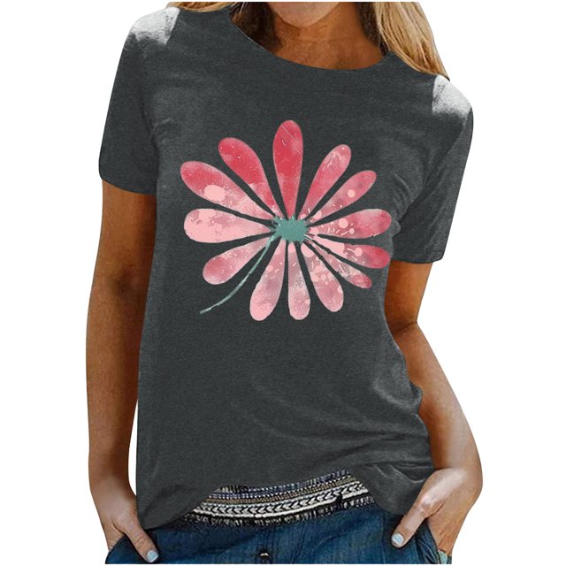 KIHOUT Nouveau Haut de Mode d'Été pour Femmes 2025, T-Shirt à Manches Courtes à Col Rond Décontracté à Imprimé Floral Gris Foncé TG