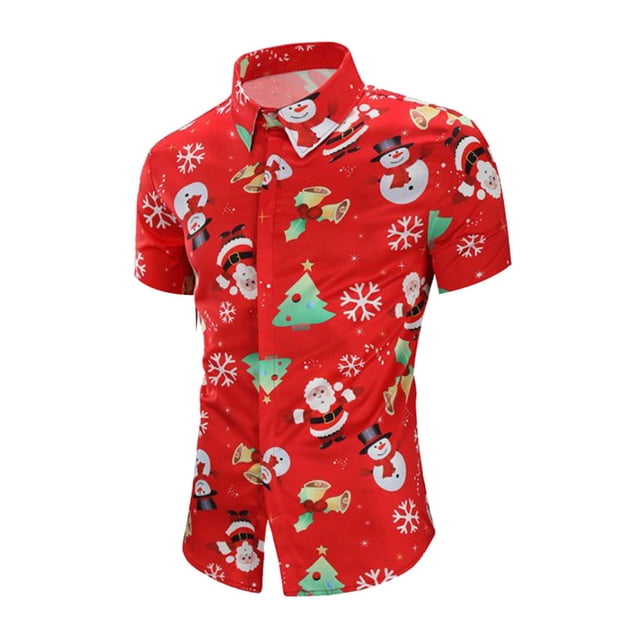MAWCLOS Chemise de Noël pour Hommes Bouton vers le Bas Chemise de Noël Chemisier Col Revers Tops Simple Poitrine Vacances Manches Courtes T Floral Rouge S